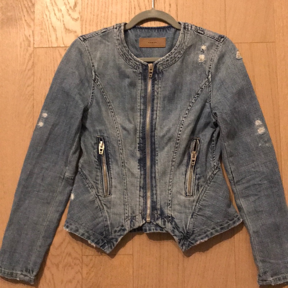 Blank NYC Peplum Distressed Denim Moto Jacket